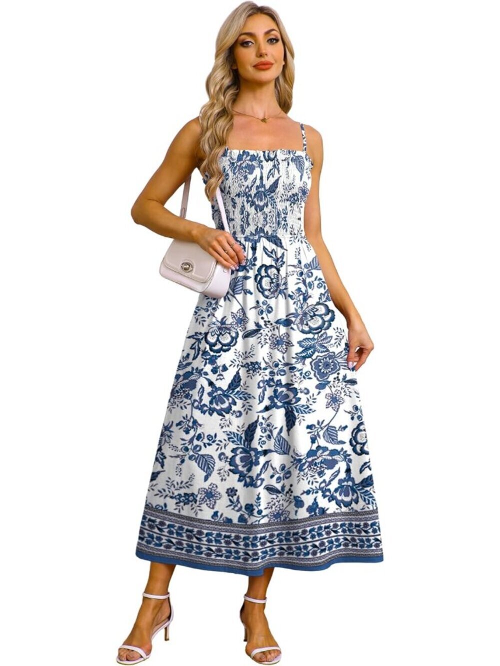 Women's Blue Floral Spaghetti Strap Smocked Casual Boho Beach Long Maxi Dresses - Picture 3 of 5